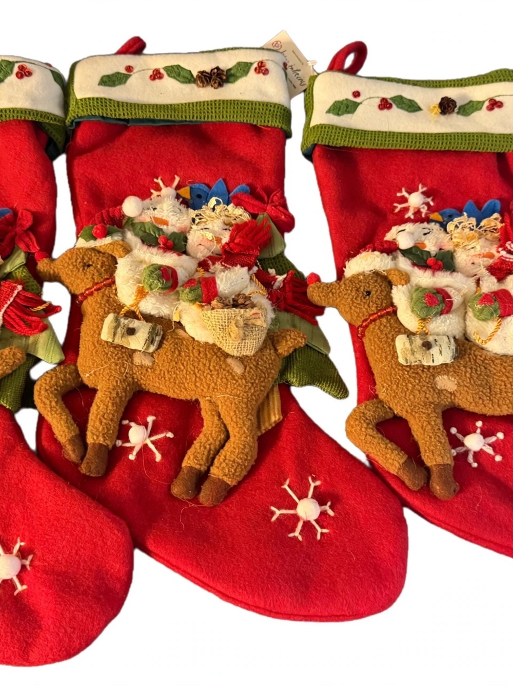 Home Interiors Red Green Christmas Stockings Set of 3 Snowman Reindeer Applique